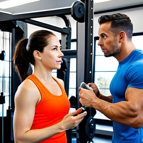 **

A fully clothed woman in appropriate workout attire, consulting with a professional, fully clothed personal trainer in a bright, modern gym setting. The trainer is explaining an exercise plan. Safe for work, appropriate content, perfect anatomy, modest clothing, family-friendly, professional photograph.

**