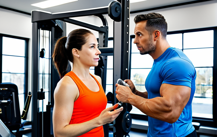 **
A fully clothed woman in appropriate workout attire, consulting with a professional, fully clothed personal trainer in a bright, modern gym setting. The trainer is explaining an exercise plan. Safe for work, appropriate content, perfect anatomy, modest clothing, family-friendly, professional photograph.
**