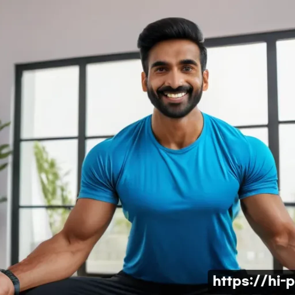 퍼스널트레이너의 유튜브 채널 운영 전략 - A friendly Indian personal fitness trainer in casual athletic wear, demonstrating beginner-level str...