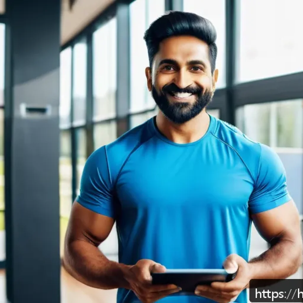초보 퍼스널트레이너를 위한 가이드 - A confident Indian personal trainer in professional athletic wear, standing in a modern gym with dig...