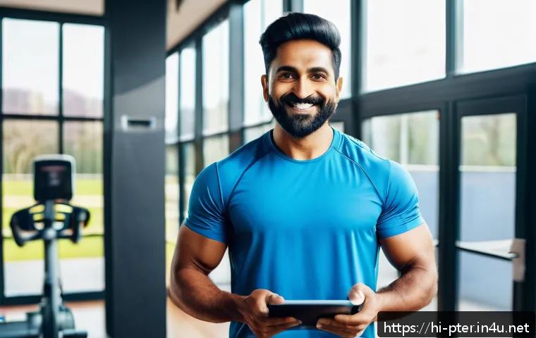 초보 퍼스널트레이너를 위한 가이드 - A confident Indian personal trainer in professional athletic wear, standing in a modern gym with dig...