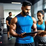 Home 20 퍼스널트레이너 국제 자격증 종류 - A professional Indian personal trainer in a modern gym setting, explaining muscle anatomy and physio...