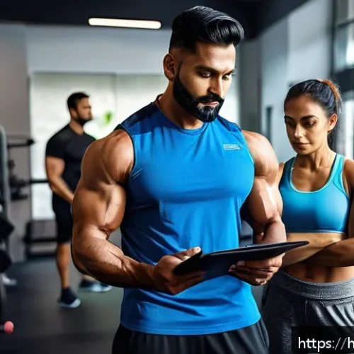 Home 32 퍼스널트레이너 국제 자격증 종류 - A professional Indian personal trainer in a modern gym setting, explaining muscle anatomy and physio...