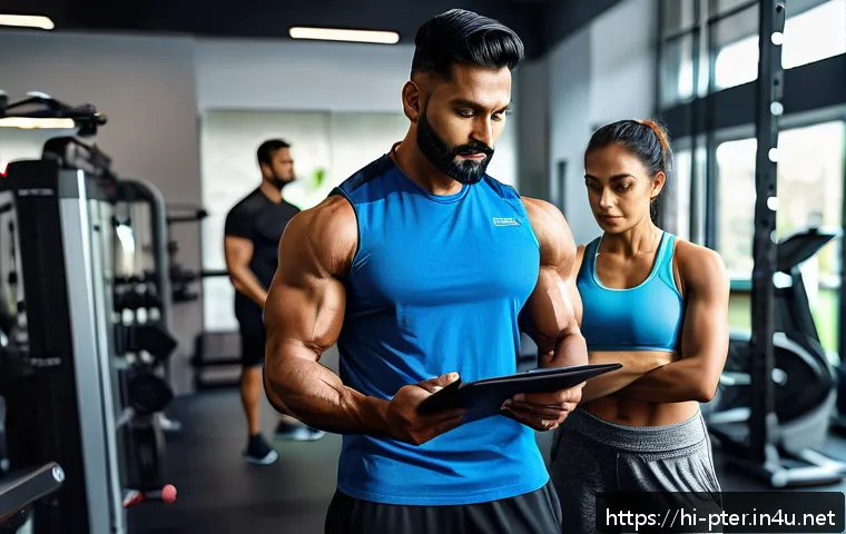 퍼스널트레이너 국제 자격증 종류 - A professional Indian personal trainer in a modern gym setting, explaining muscle anatomy and physio...
