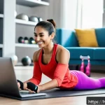 Home 19 퍼스널트레이너 신입 채용 트렌드 - A modern fitness trainer conducting an online workout session via a laptop at home, wearing professi...