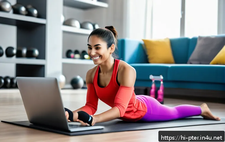 퍼스널트레이너 신입 채용 트렌드 - A modern fitness trainer conducting an online workout session via a laptop at home, wearing professi...