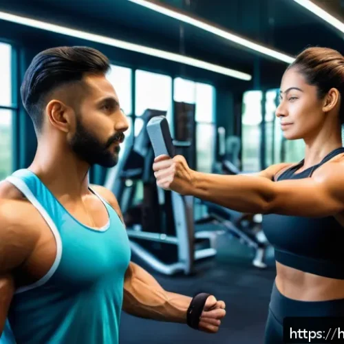 Home 17 퍼스널트레이너와 헬스 트레이너 차이 - A professional personal trainer coaching a Hindi-speaking client in a modern gym setting, focusing o...