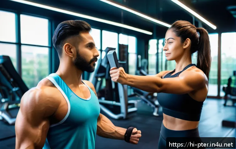 퍼스널트레이너와 헬스 트레이너 차이 - A professional personal trainer coaching a Hindi-speaking client in a modern gym setting, focusing o...