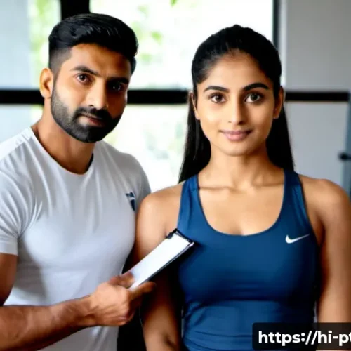 Home 17 퍼스널트레이너 직무 인터뷰 질문 모음 - Photorealistic modern fitness studio in India, a confident Indian personal trainer candidate in clea...