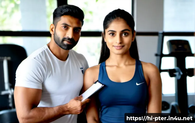 퍼스널트레이너 직무 인터뷰 질문 모음 - Photorealistic modern fitness studio in India, a confident Indian personal trainer candidate in clea...