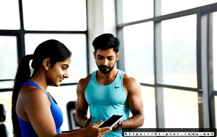 퍼스널트레이너 현업에서 유용한 앱 추천 - Photorealistic modern gym consultation in India, a friendly Indian personal trainer wearing modest a...