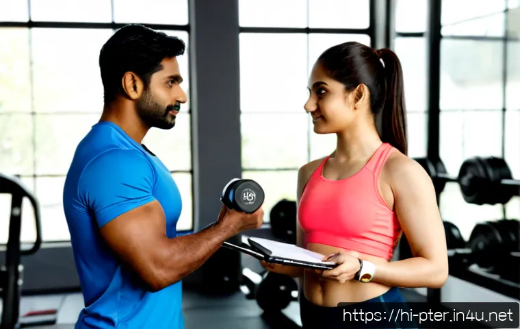 Home 17 퍼스널트레이너 전문 강사로의 전환 방법 - Photorealistic Indian fitness coach in a clean modern gym, confidently guiding an adult client throu...